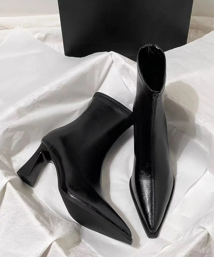Black High Heel Faux Leather Stylish Splicing Boots