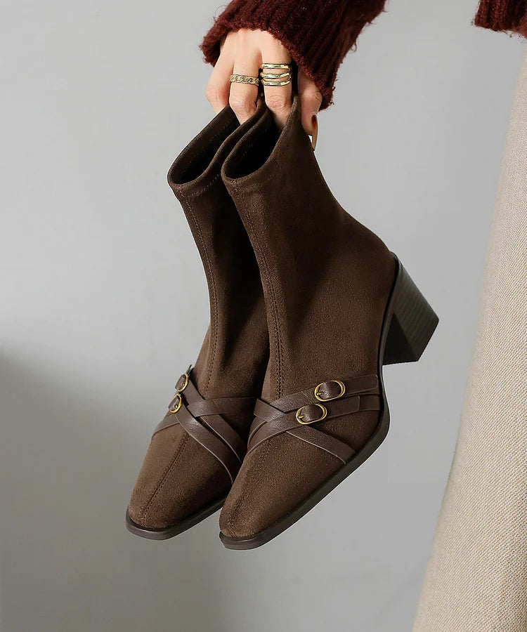 Chic Splicing Chunky Boots Brown Suede Square Toe